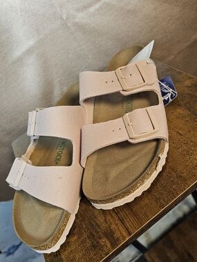 Birkenstock Arizona Rivet Logo Vegan Soft Pink Sandals EU 40 Narrow NWT Box